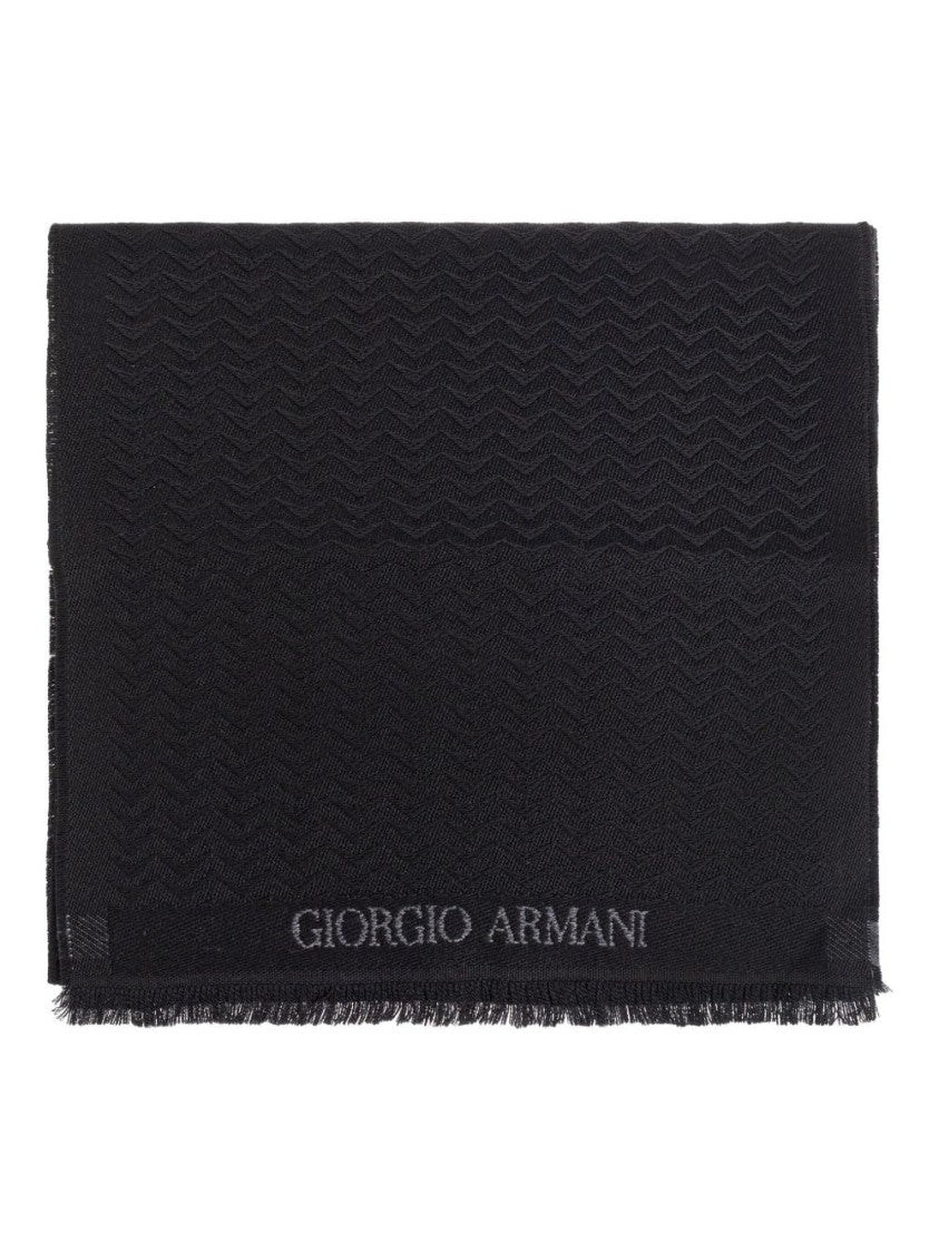 Giorgio Armani Herringbone Motif Black Scarf With Frayed Edges