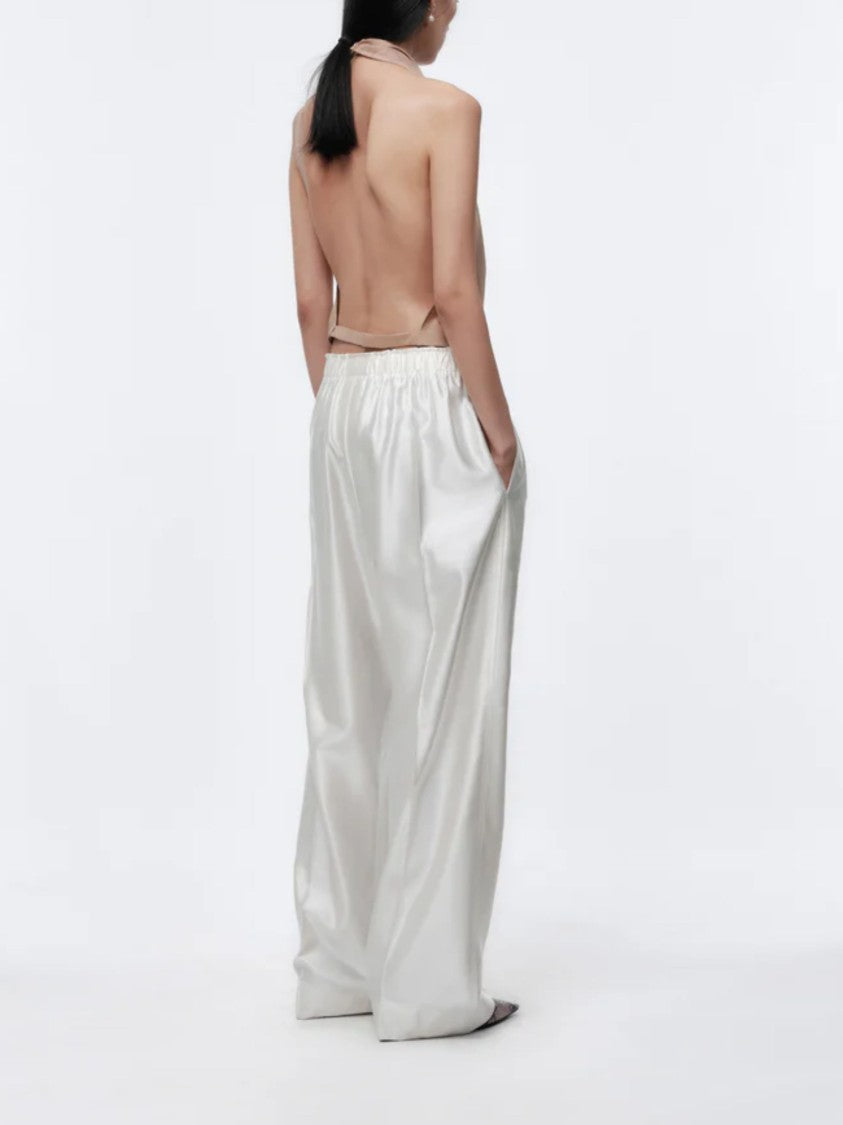 Carven White Cotton Satin Drawstring Wide-Leg Pants