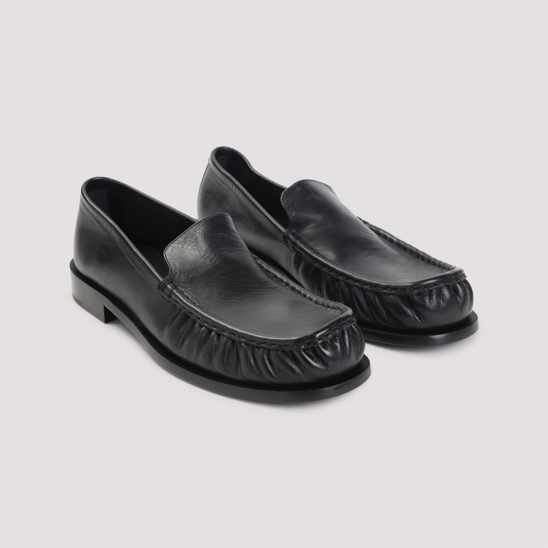 Dries Van Noten Black Leather Loafers With Gathered Detail