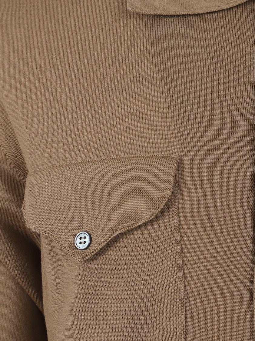 Versace Wool Knit Short-Sleeve Shirt With Polo Collar And Flap Pockets