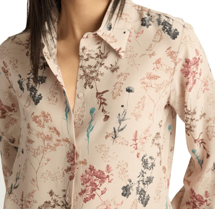 Momonì Floral Print Long-Sleeve Beige Shirt With Classic Collar