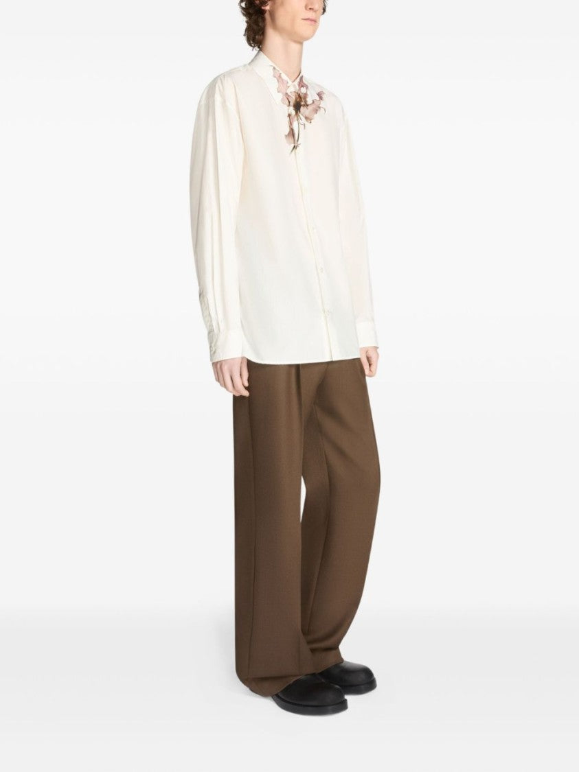 Dries Van Noten Long-Sleeved White Shirt With Floral Accents