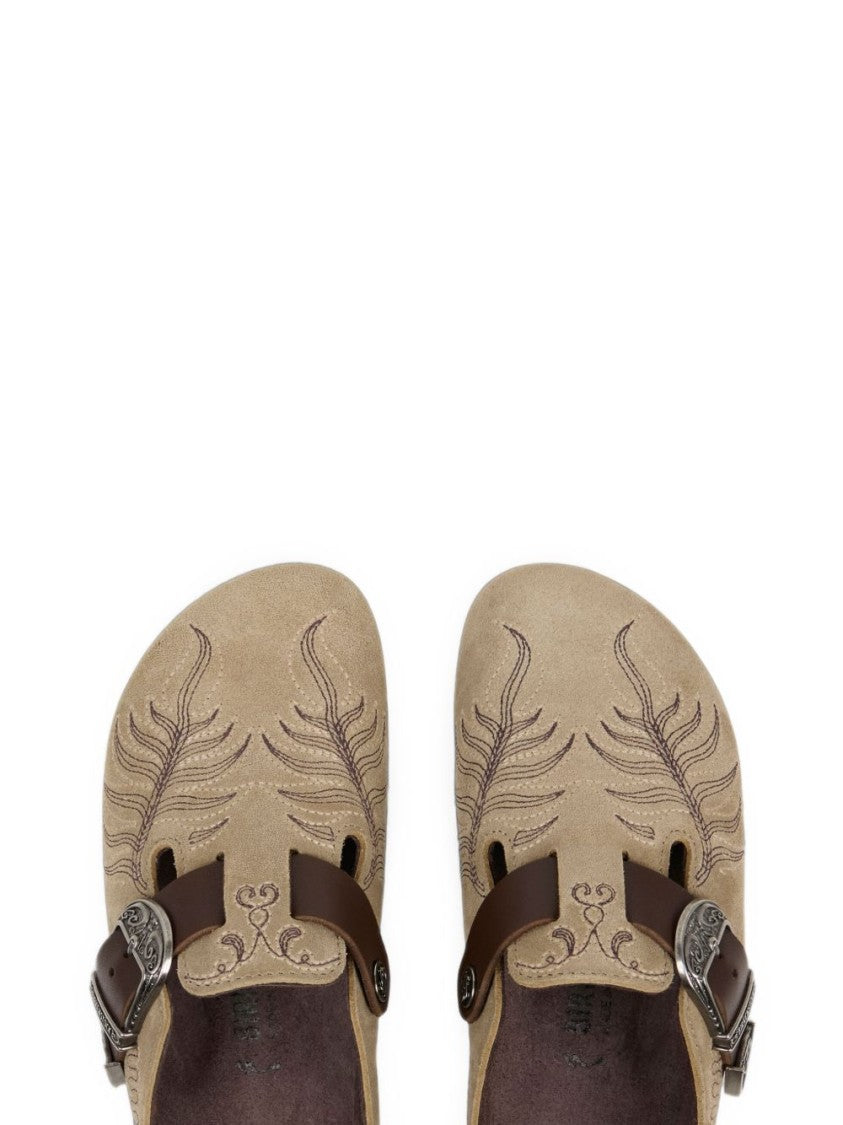 Etro X Birkenstock Beige Suede Slip-On Sandals With Embroidered Leaf Patterns