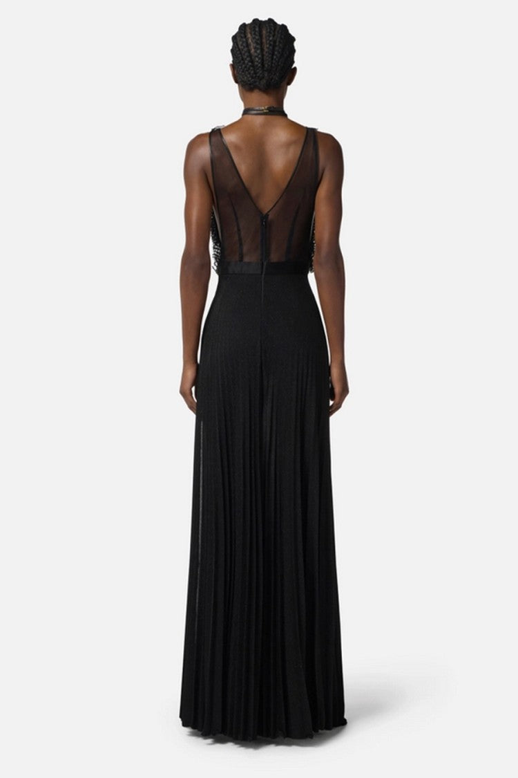 Elisabetta Franchi Black Sheer Lace Bodice Pleated Viscose-Blend Maxi Dress