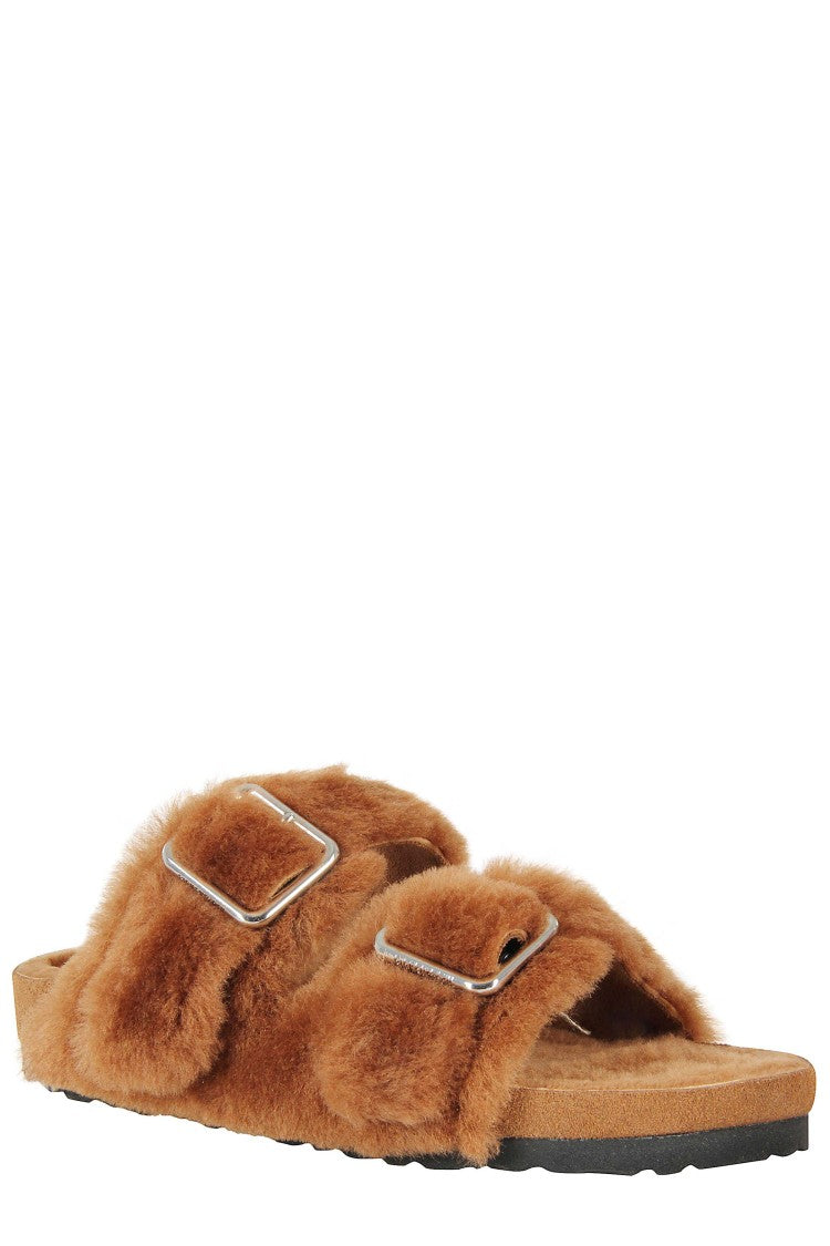 Birkenstock Caramel Shearling Slippers With Adjustable Double Strap