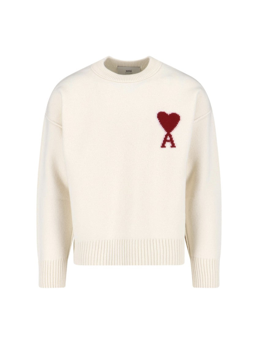 Ami Paris Cream Knit Sweater With Ribbed Neckline
