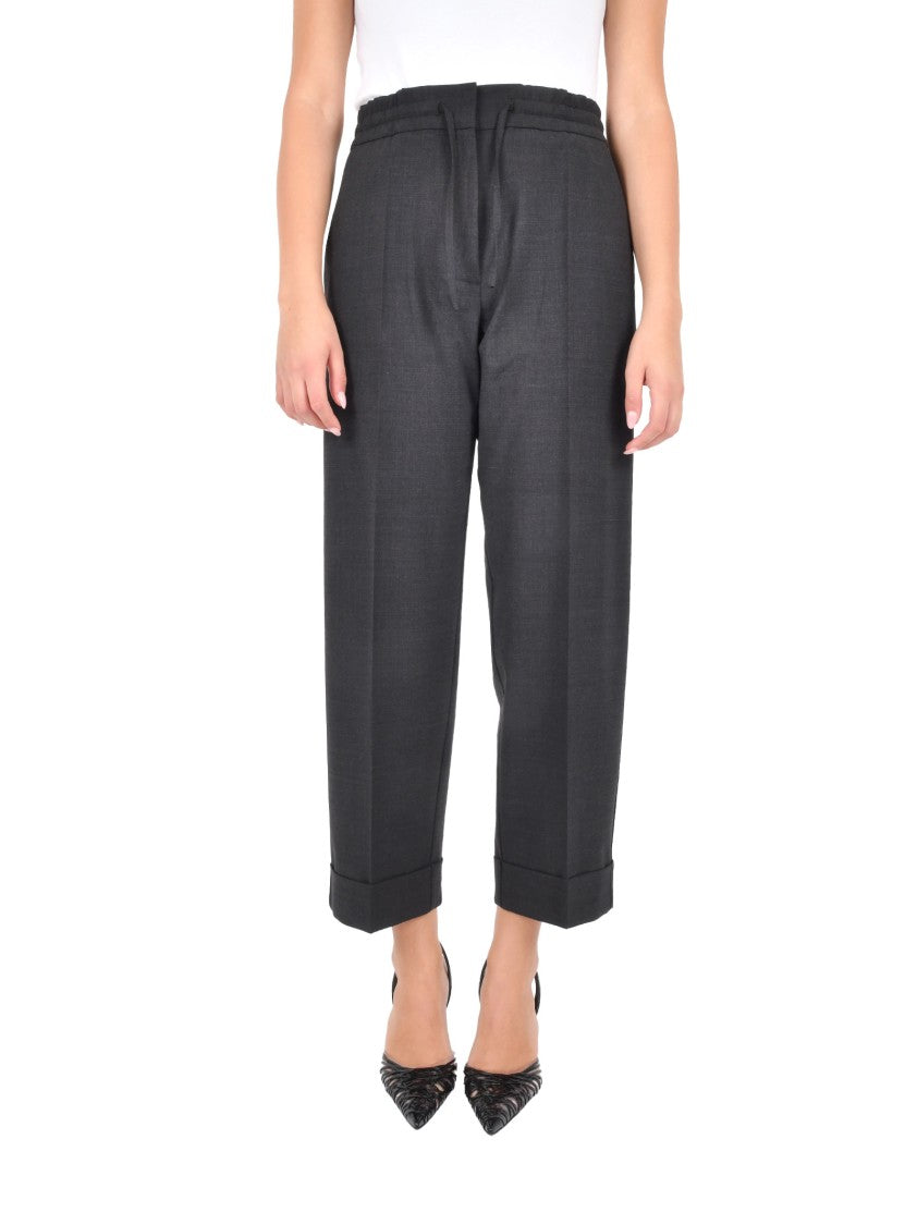 Parosh Cropped Dark Brown Trousers With Drawstring Waist
