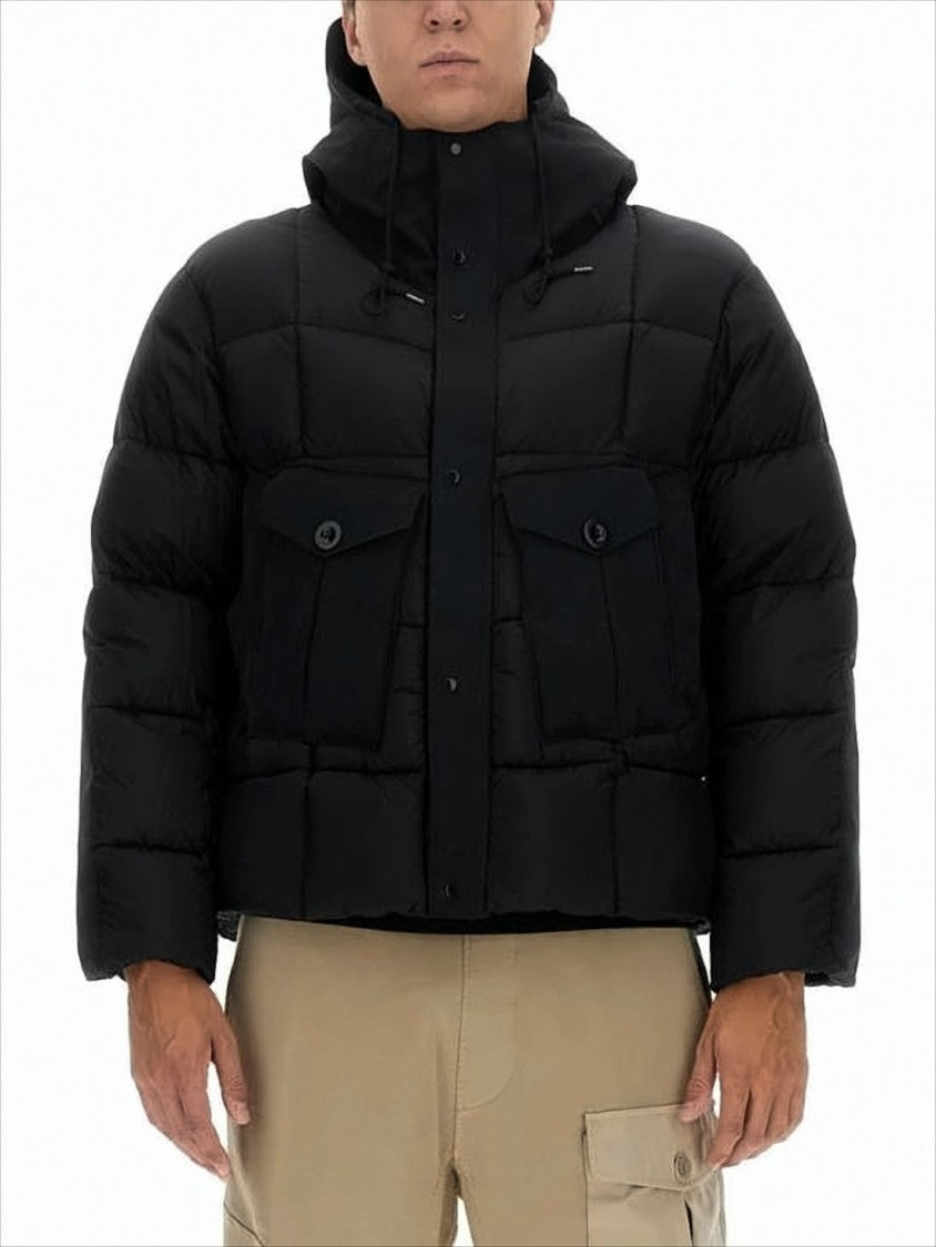 Ten C Boxy Silhouette Black Down Jacket With High Collar And Detachable Hood
