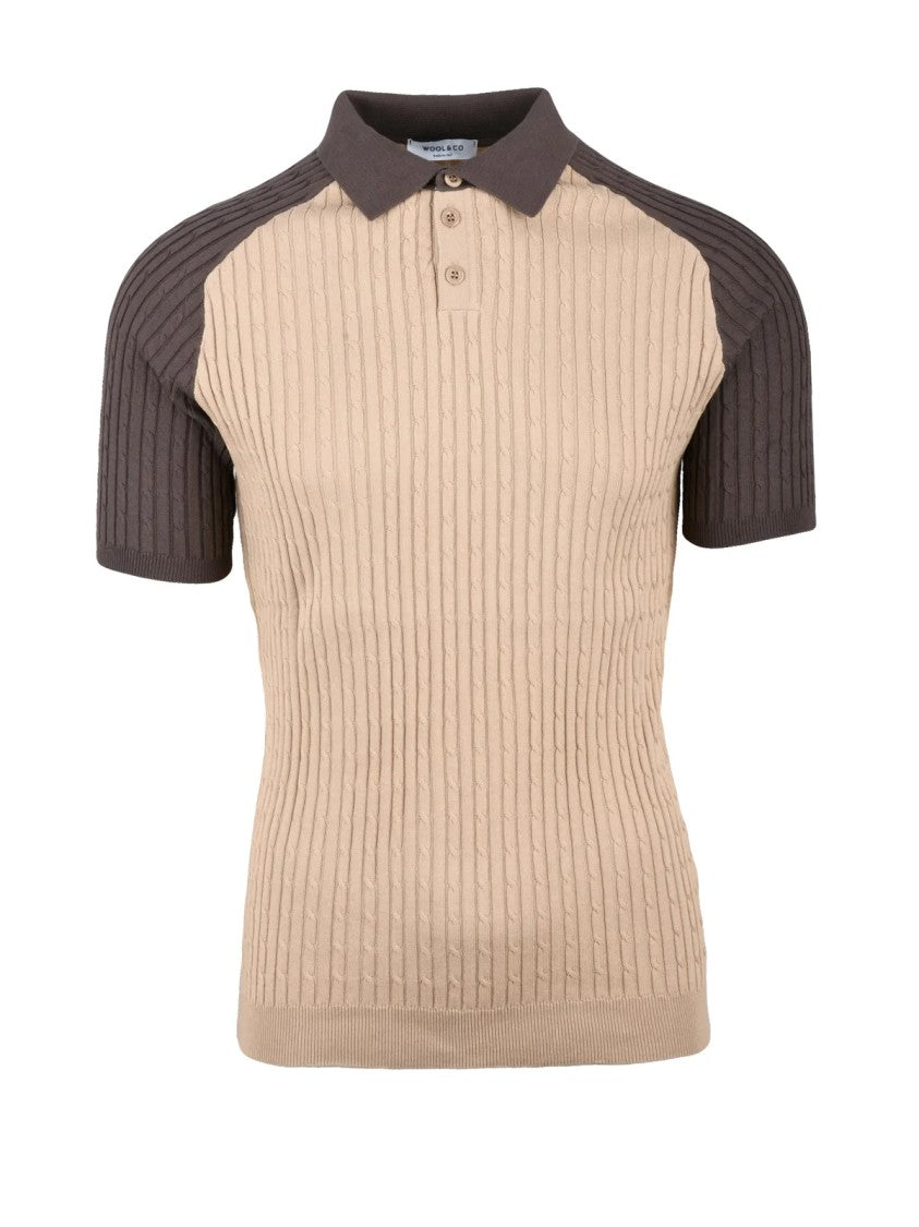 Wool & Co Brown Beige Contrasting Knit Polo Shirt