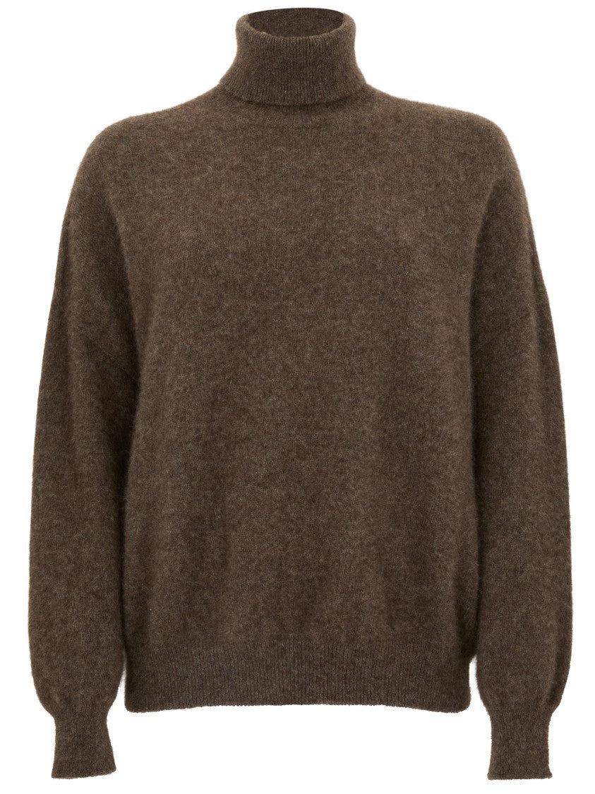 Vanisé High Turtleneck Brown Sweater With Puff Sleeves And Ribbed Hem