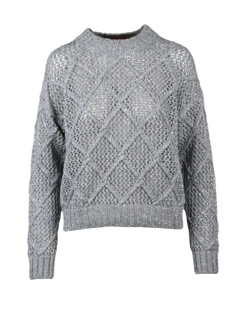 Max Mara Crewneck Sweater With Textured Diamond Knit And Rhinestone Embellishments
