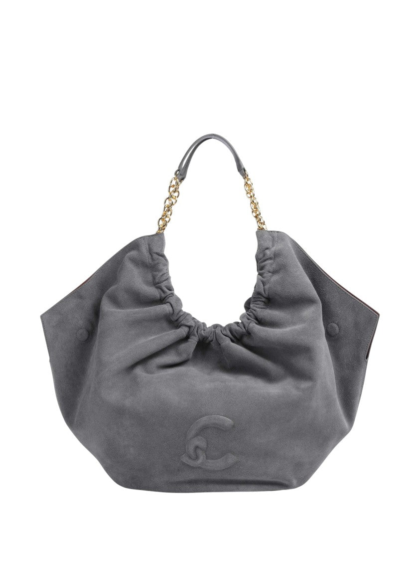Coccinelle Ruched Grey Suede Shoulder Bag With Gold-Tone Accents