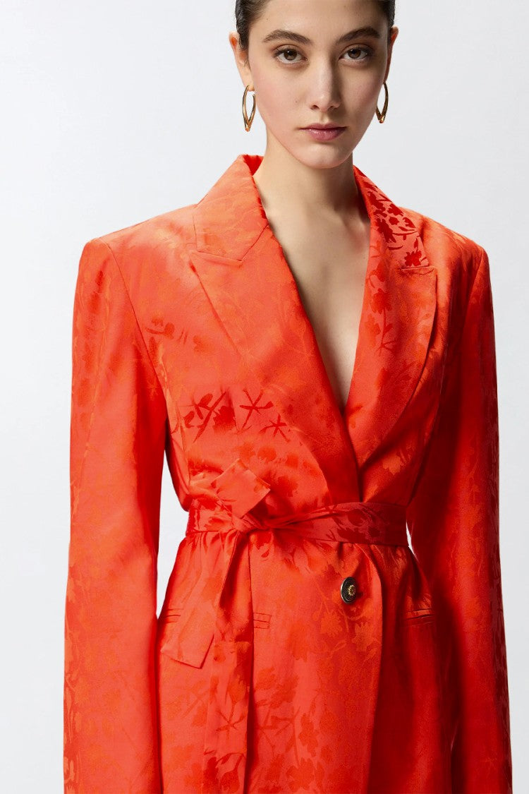 Pinko Orange Viscose-Modal Belted Jacquard Blazer
