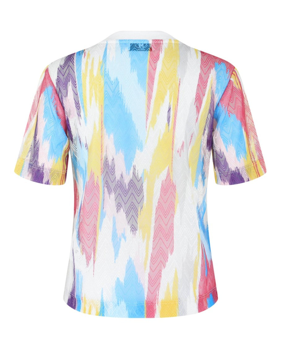 M Missoni Sheer Mesh Crewneck T-Shirt With Pastel Chevron Pattern