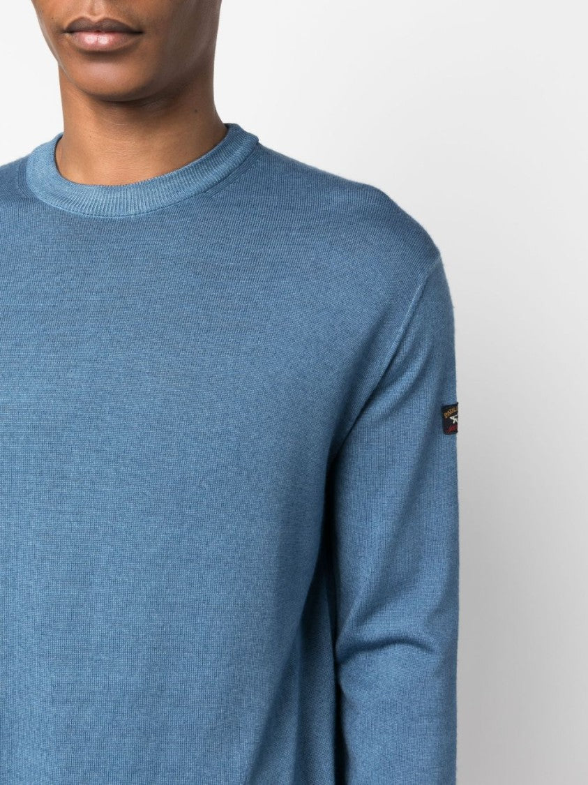 Paul & Shark Muted Blue Crew Neck Wool Sweater With Ribbed Cuffs