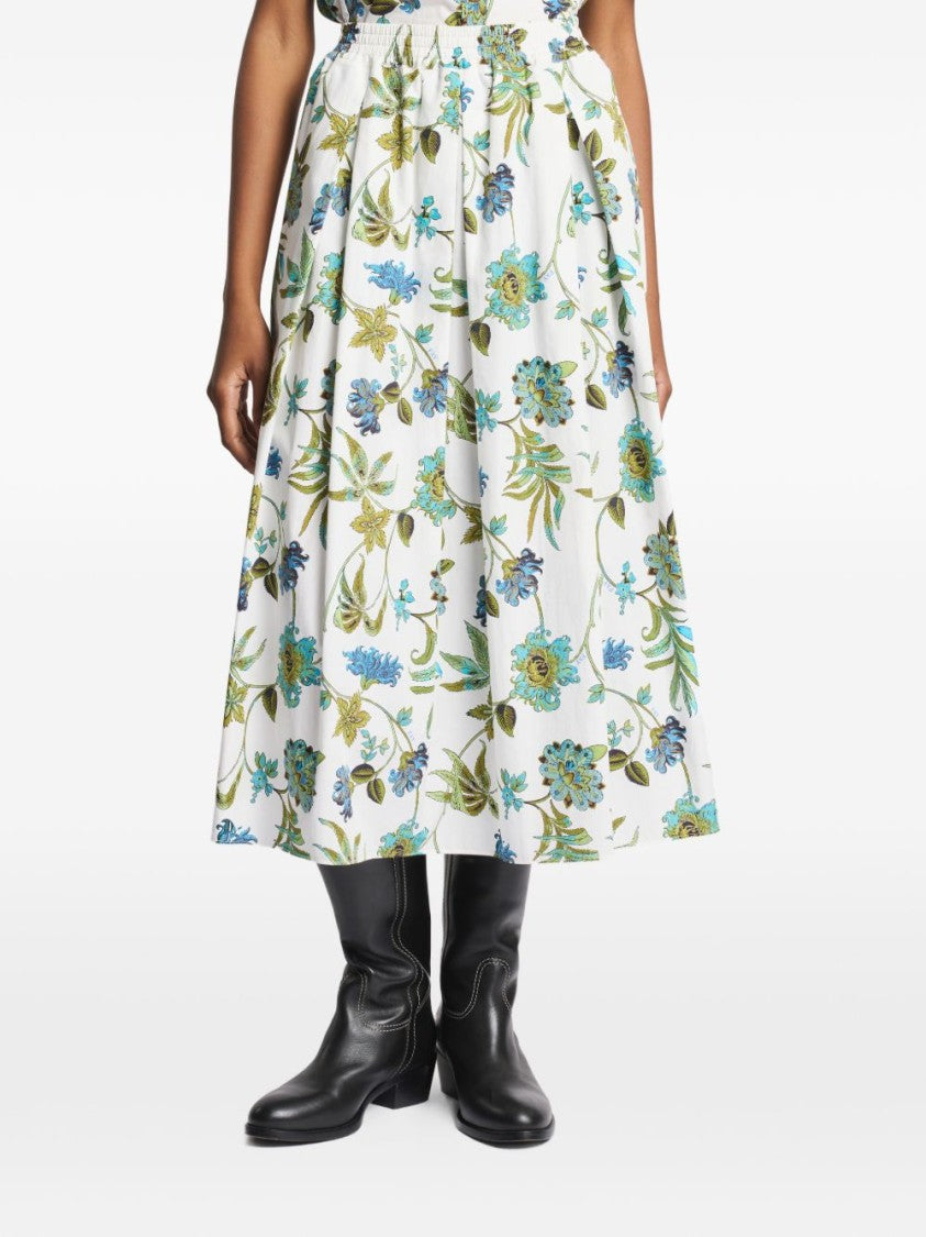 Fay Knee-Length Floral Print Cotton Skirt With Gathered Waistband