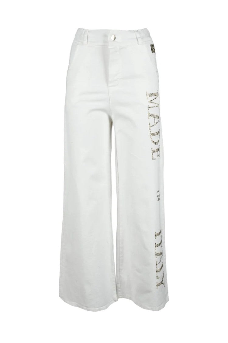 Marci By Gil Santucci Cropped White Wide-Leg Trousers With Emblazoned Detail