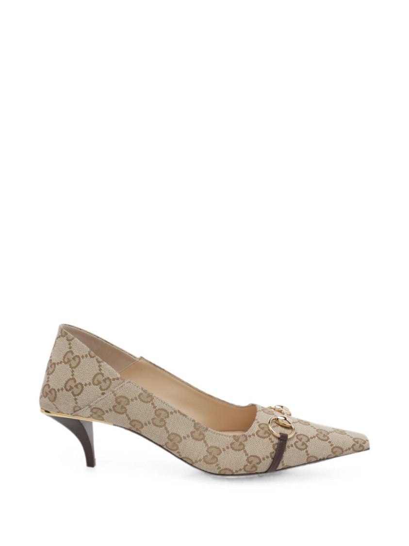 Gucci Monogram Fabric Pointed-Toe Gold Accent Shoes