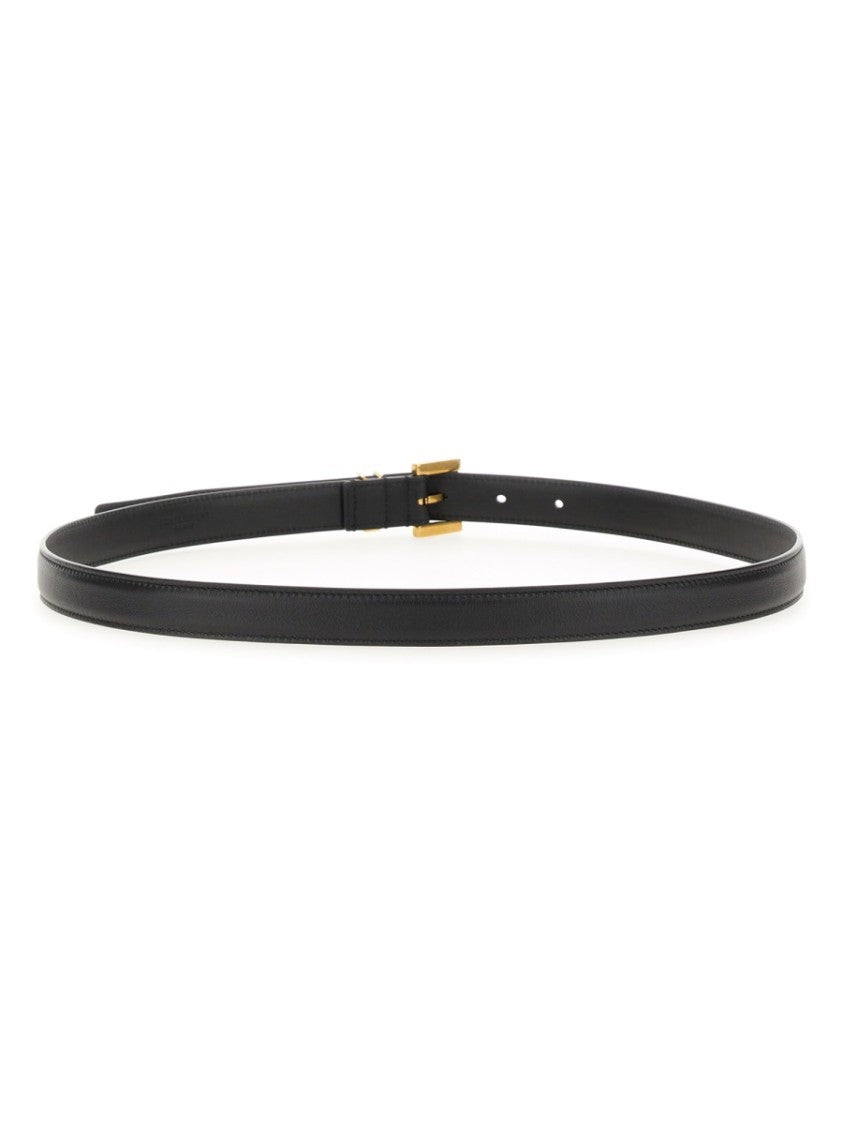 Saint Laurent Slim Black Calfskin Belt With Polished Gold-Tone Buckle