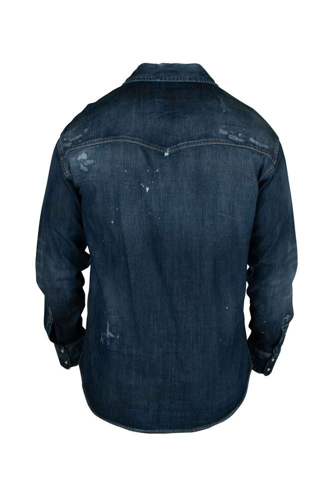 Dsquared2 Navy Cotton Denim Shirt With Distressed Finish