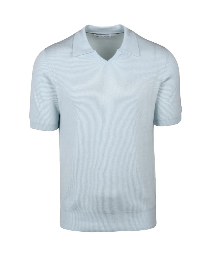Brunello Cucinelli Light Blue Short-Sleeve Ribbed Cotton Sweater