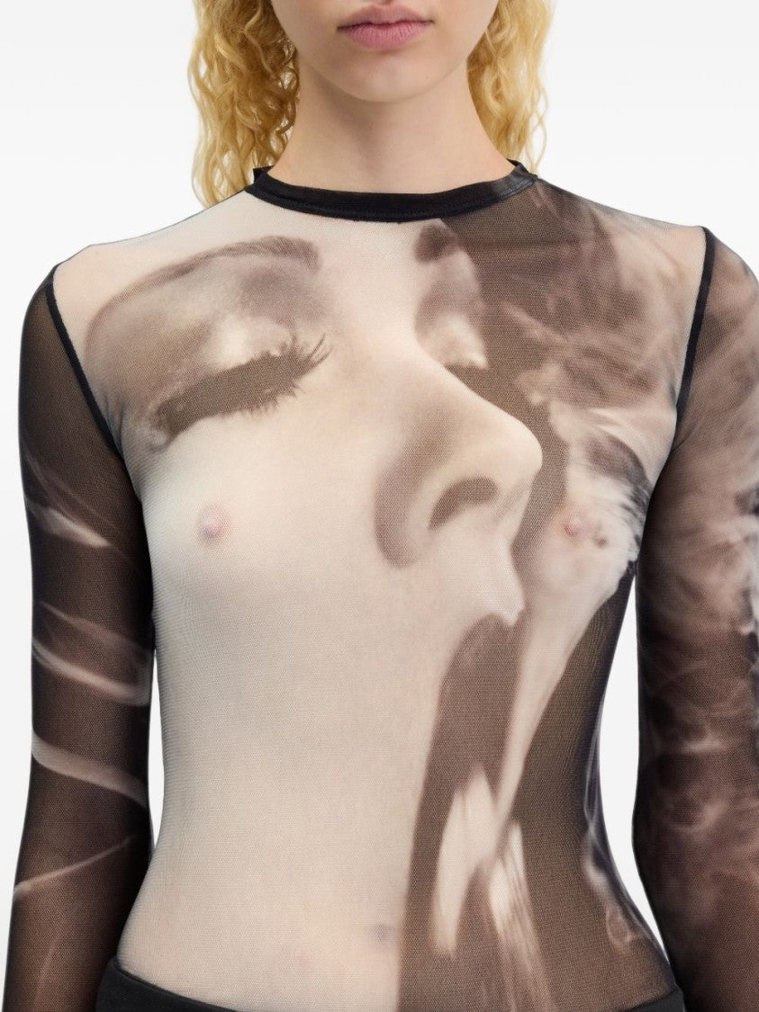 Jean Paul Gaultier Photorealistic Print Sheer Mesh Long-Sleeve Top