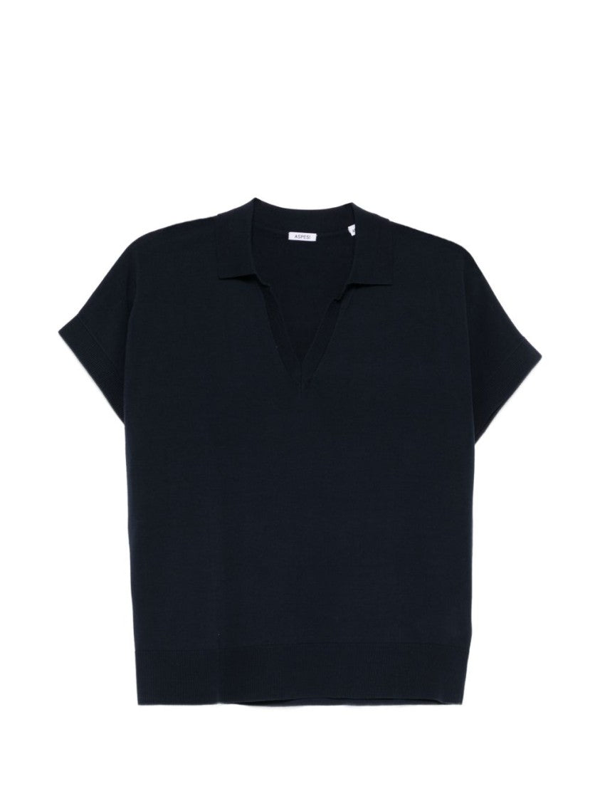 Aspesi Short-Sleeved Blue Cotton Top With Deep V-Neck And Ribbed Detailing