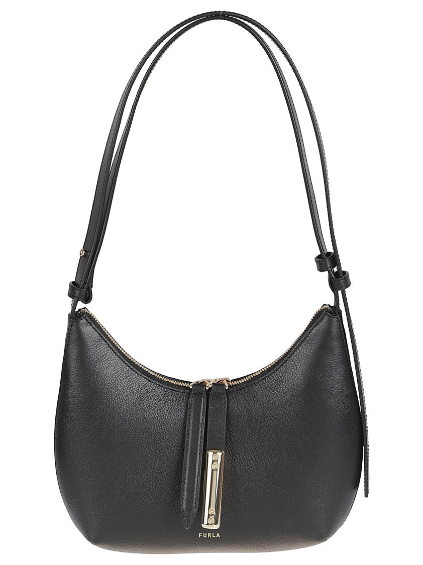 Furla Curved Black Textured Leather Bag With Gold Accents
