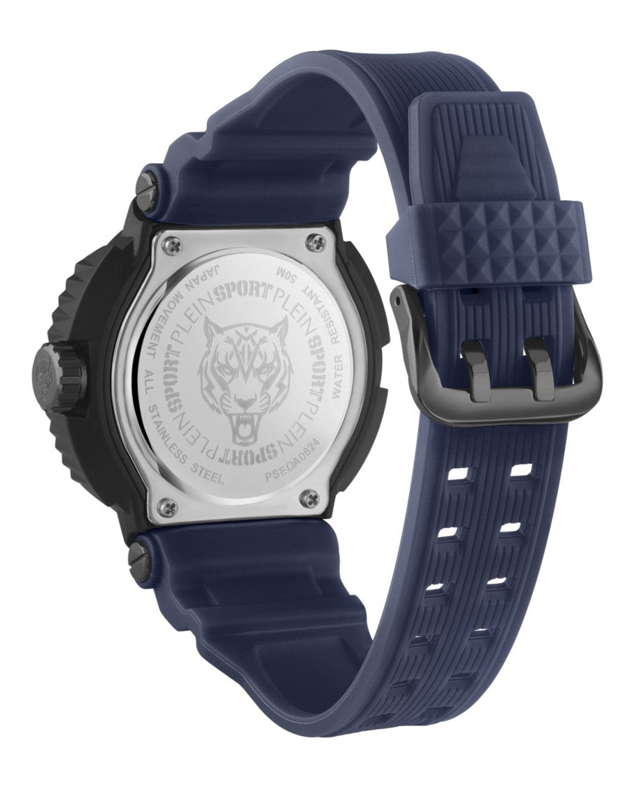 Plein Sport Tiger Motif 45Mm Black Silicone Watch With Blue Sunray Dial