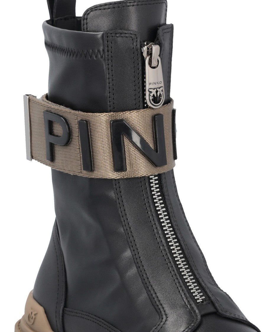 Pinko Chunky Leather Front Zip Platform Ankle Boots