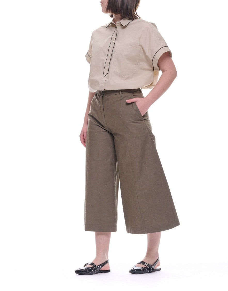 Nine In The Morning Olive Fiammetta Cotton Stretch Cropped Wide-Leg Culotte