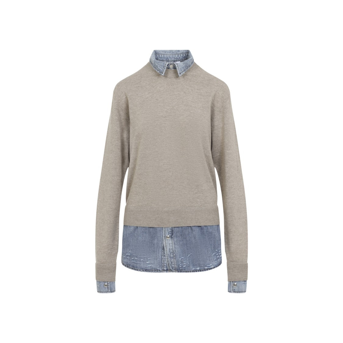 Acne Studios Layered Beige Wool Sweater Over Denim Shirt