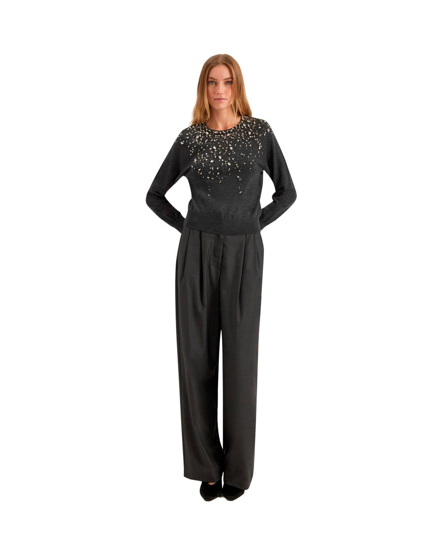 Alpha Studio Long-Sleeved Crewneck Sweater With Stud And Rhinestone Embellishments