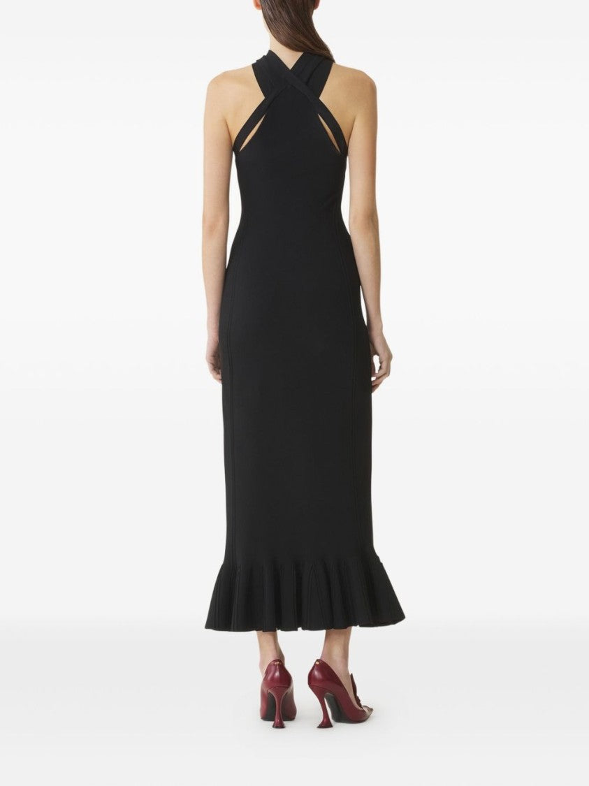 Lanvin Black Halterneck Silver Hardware Pleated Dress