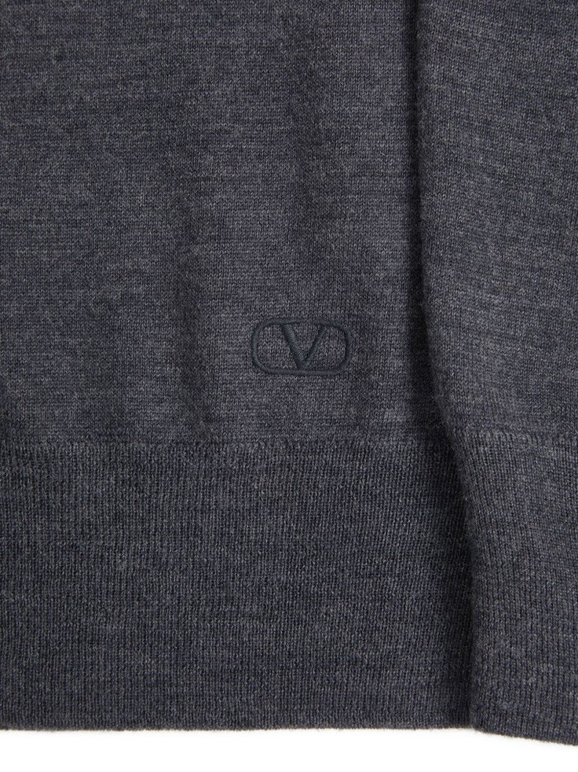 Valentino Garavani Charcoal Wool Ribbed Vlogo Polo Shirt
