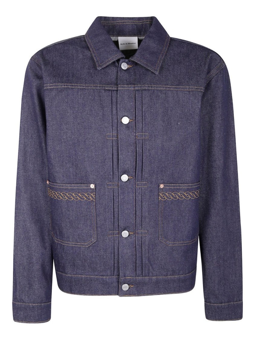 Drôle De Monsieur Navy Blue Denim Front Button Jacket With Chain Detail