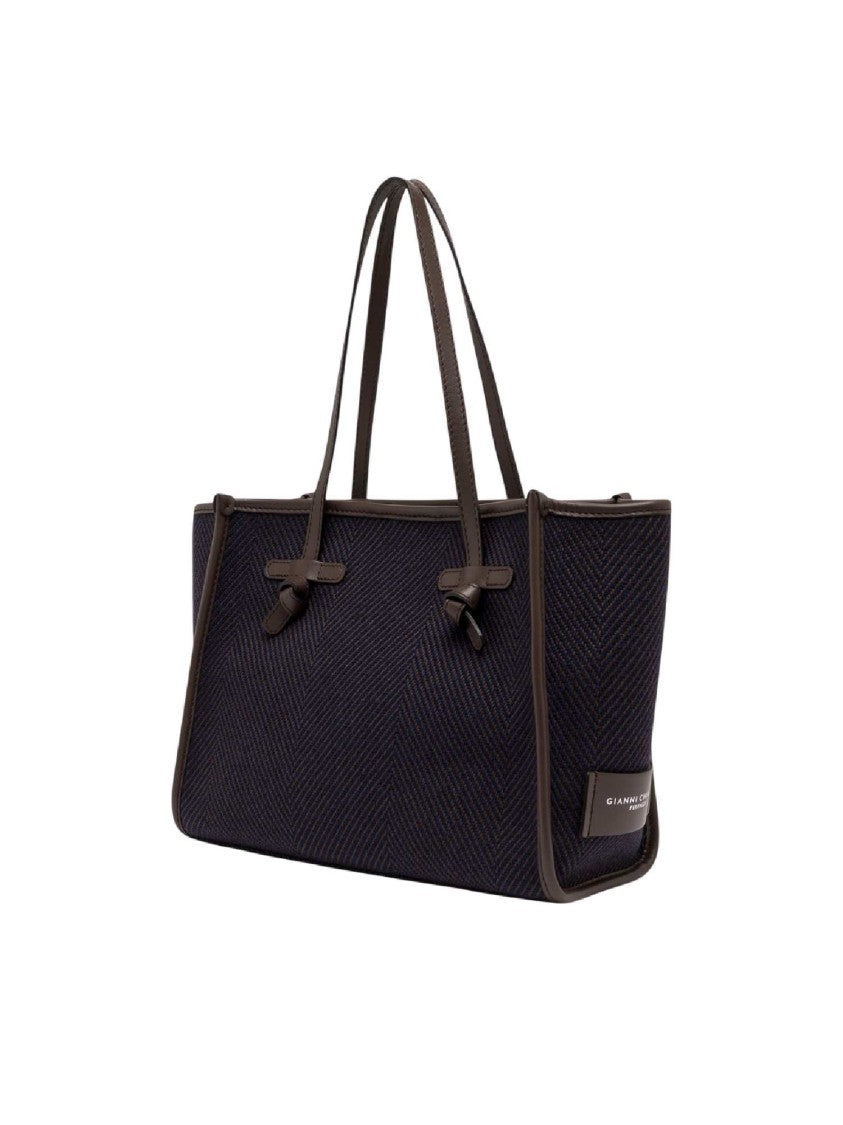 Gianni Chiarini Navy Textured Fabric Leather Tote Bag