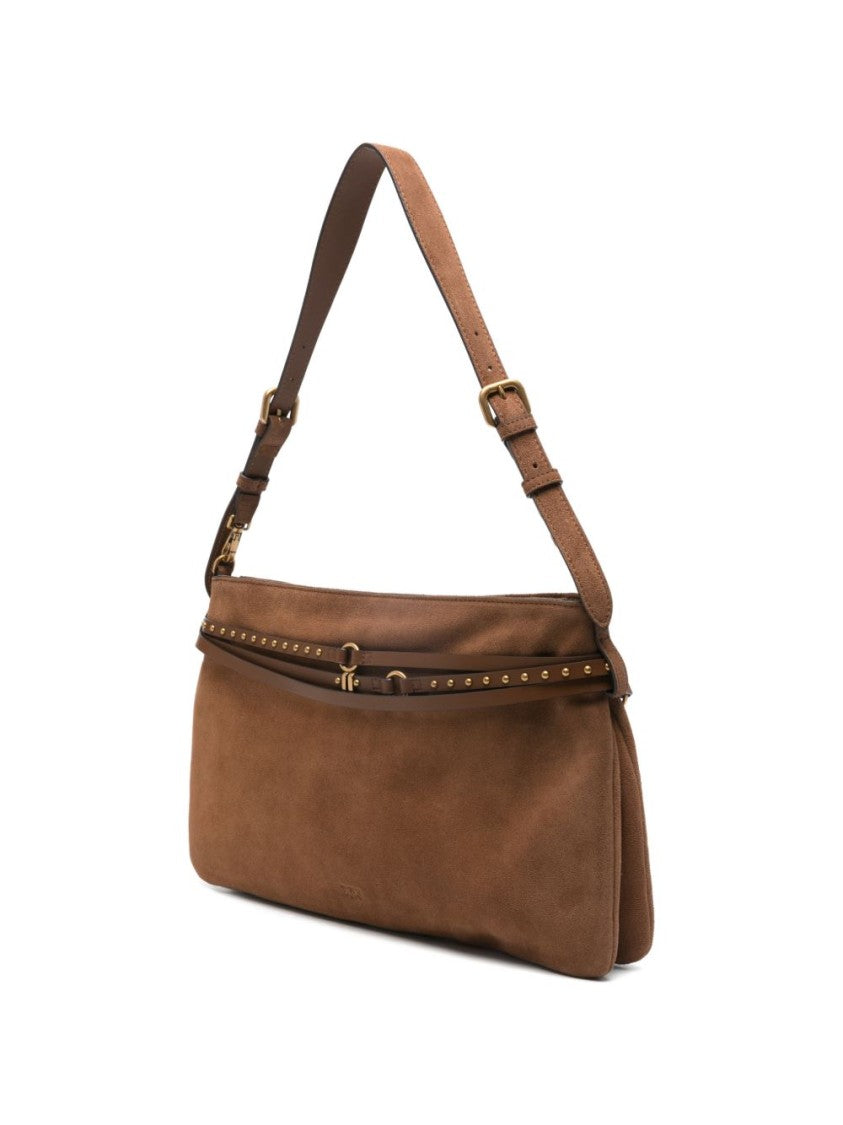 Pinko Brown Calf Leather Shoulder Bag With Gold-Tone Hardware And Suede Finish