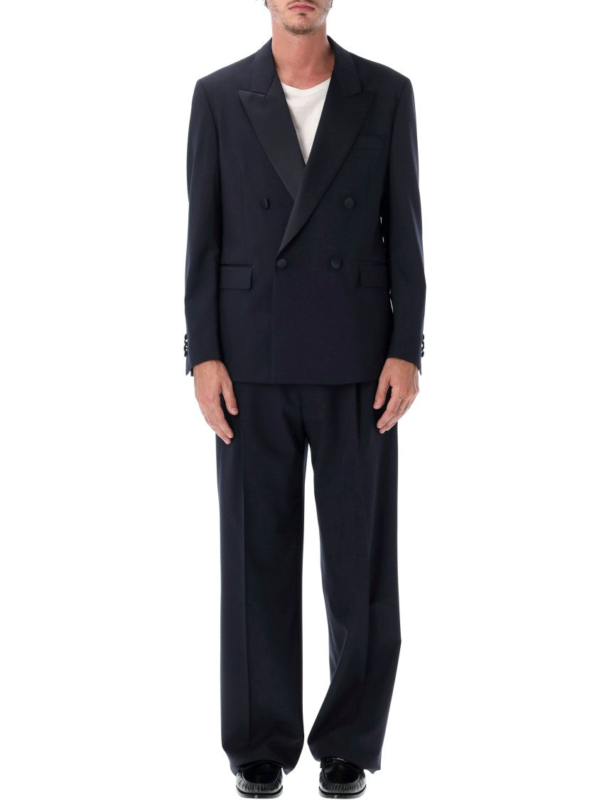 Lardini Double-Breasted Black Satin Lapel Smoking Jacket