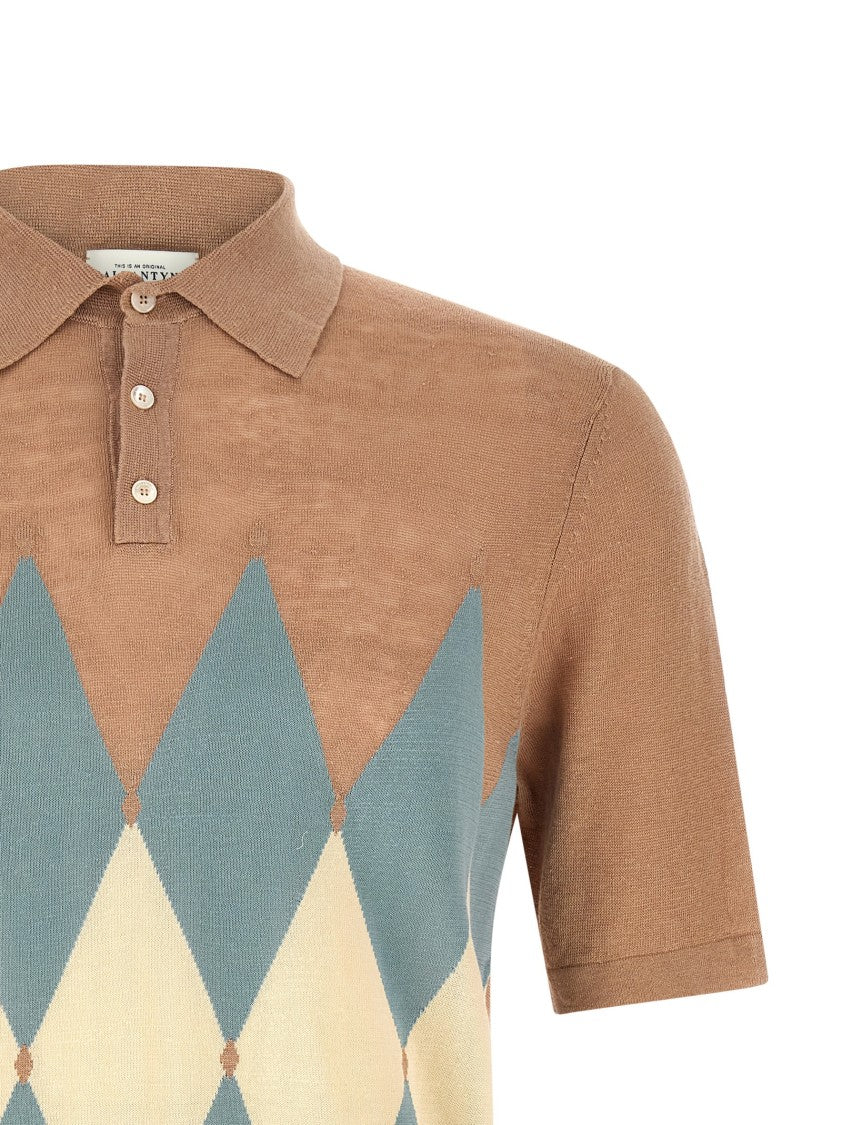 Ballantyne Front Argyle Jacquard Polo Shirt In Linen-Cotton Blend