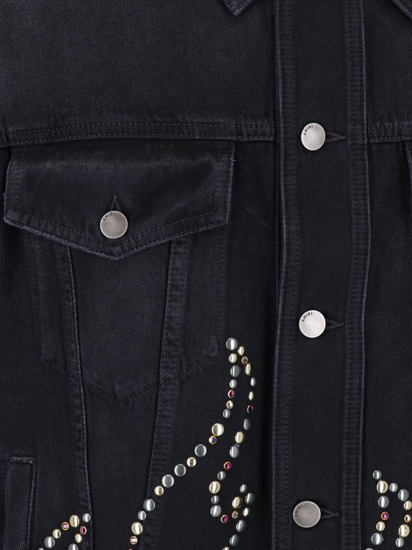Amiri Cropped Black Denim Jacket With Classic Collar