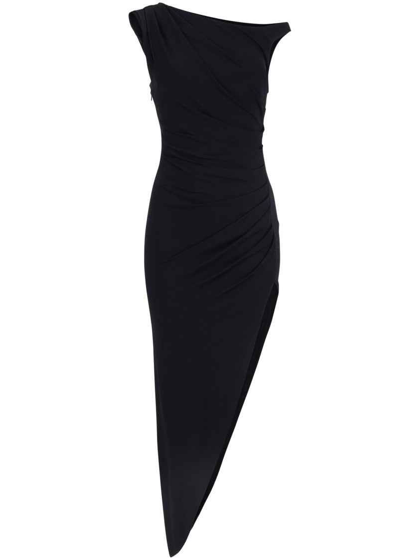 Elisabetta Franchi Asymmetrical One-Shoulder Midi Dress With Gold Accent