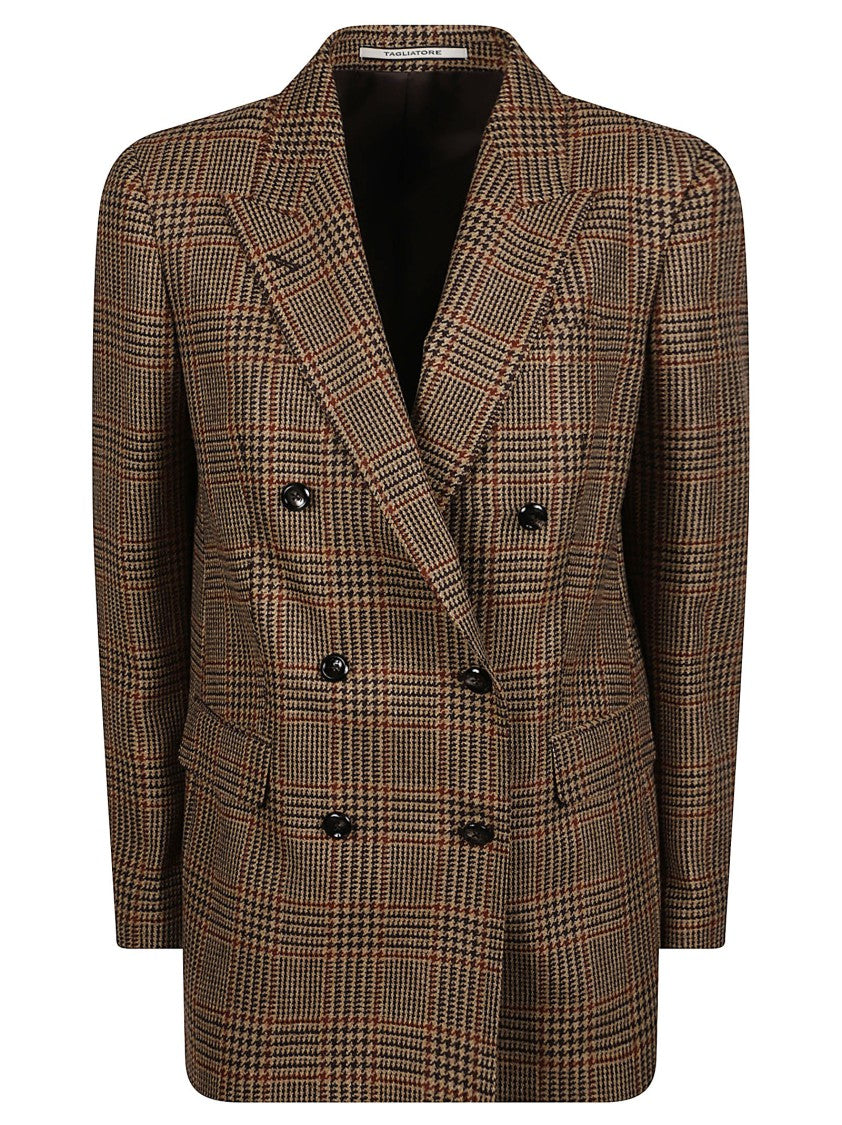 Tagliatore Double-Breasted Checkered Wool Jacket With Red Accents