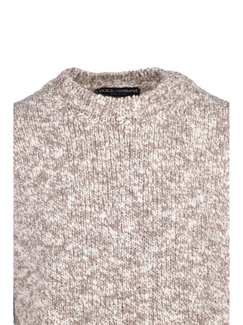 Dolce & Gabbana Beige/White Bouclé Virgin Wool-Blend Crewneck Sweater