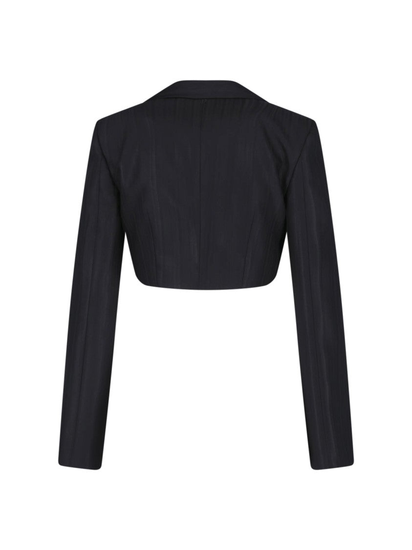 Dondup Black Virgin Wool-Blend Gessato Cropped Blazer