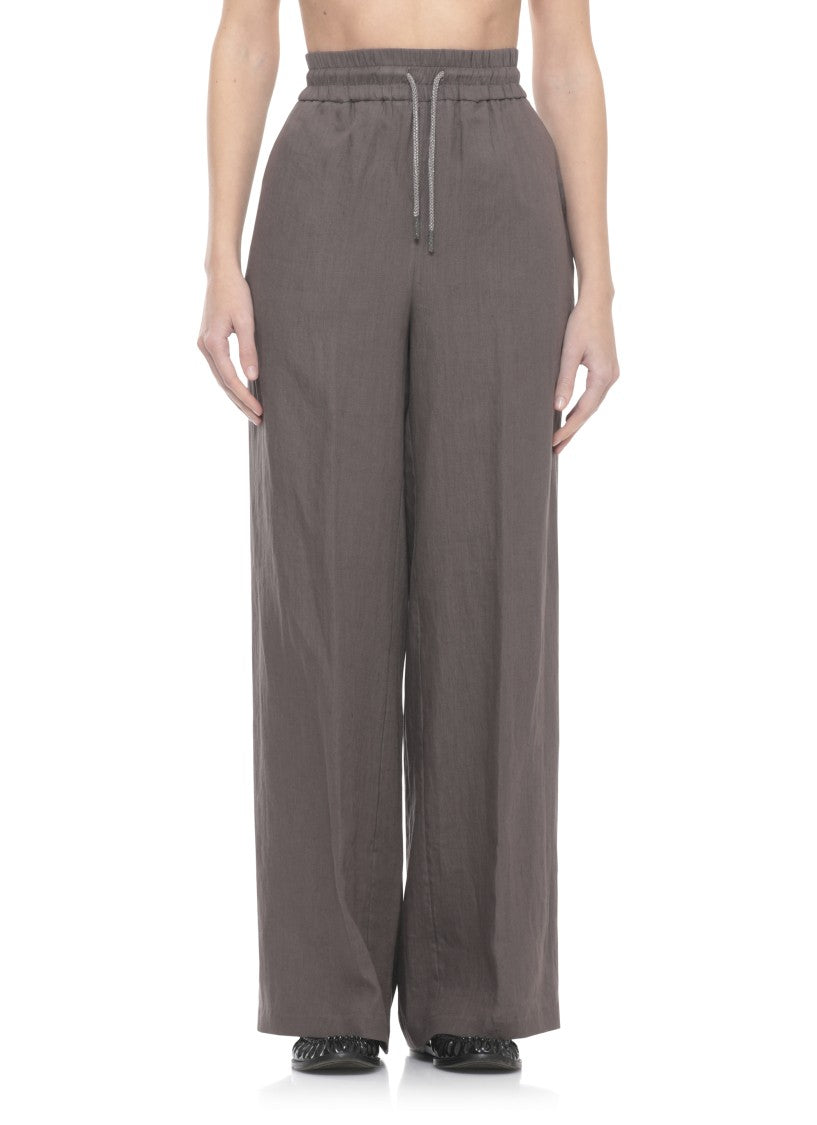 Panicale Brown Drawstring Linen Wide-Leg Pants