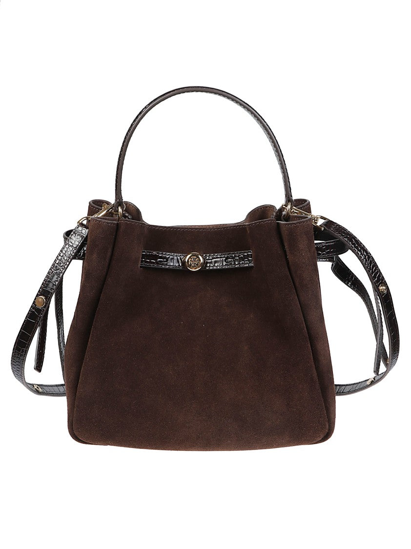 Tory Burch Romy Suede Croc-Embossed Bucket Bag