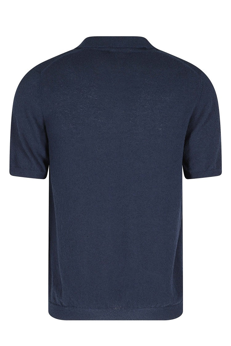 Roberto Collina Blue Light Sponge Short Sleeve Ribbed Trim Cotton-Blend Polo Shirt