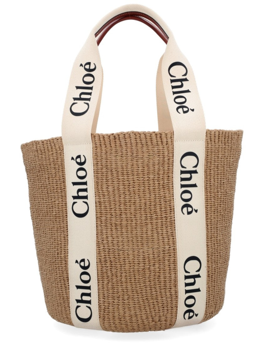 Chloé Large Woven Paper Tote With Cream Handles And Bold Lettering