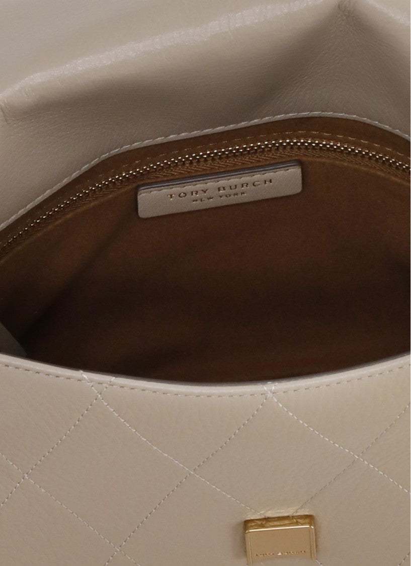 Tory Burch Beige Quilted Leather Gold Logo Shoulder Bag